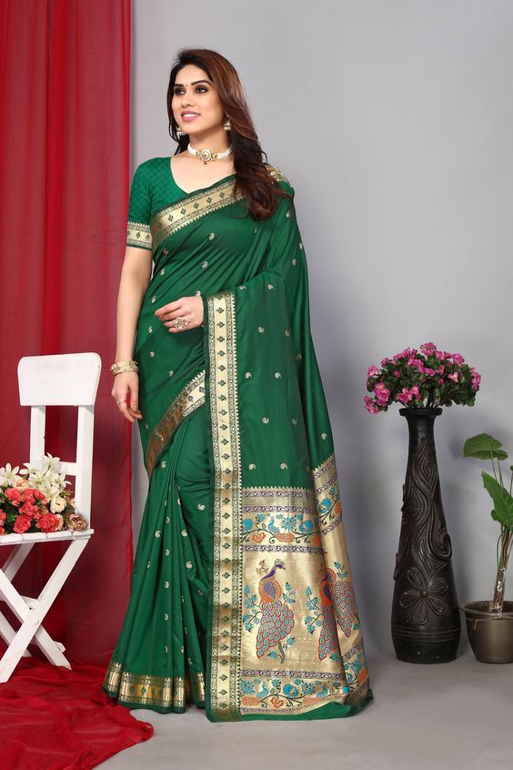 Paithani Silk Green Saree For Sawan