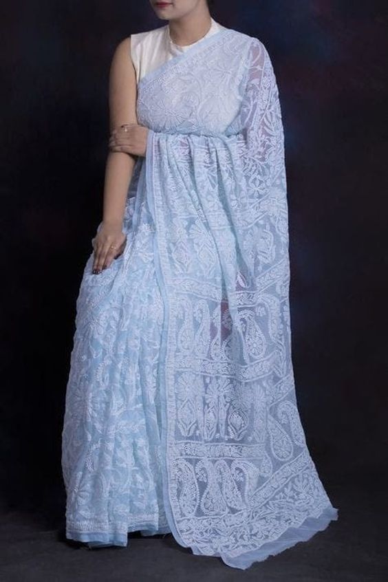 Pastel Blue Chikankari Saree