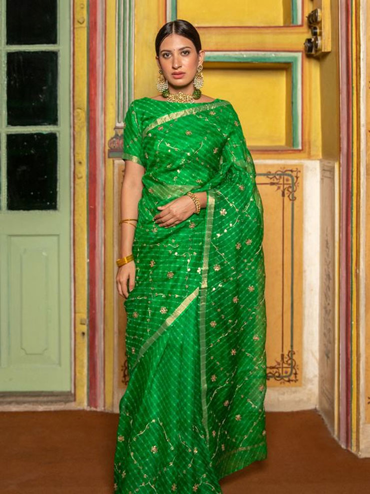 Plain Green Gota Patti Saree