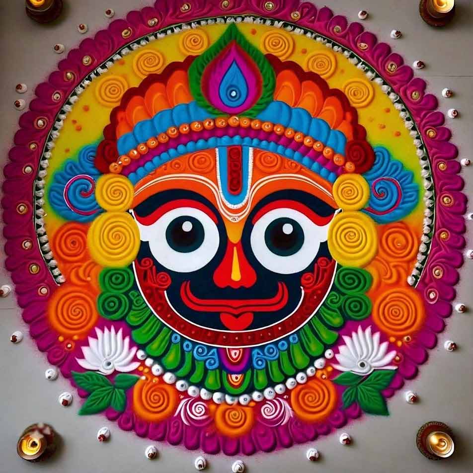 Rangoli Of Lord Jagannath Face With Lotus Flowers