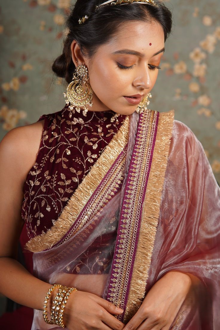 Wine Velvet Simple Zari Work Blouse