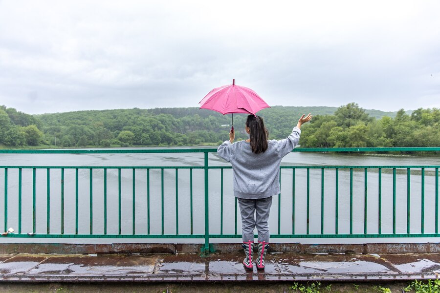 girl walks umbrella rainy weather