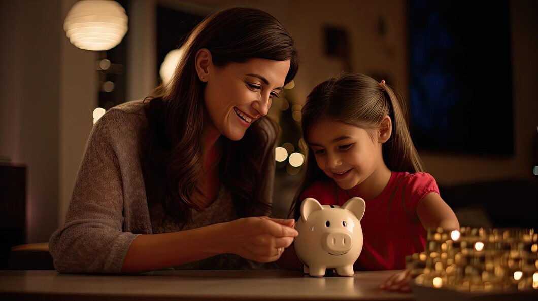 mother daughter holding piggy bank