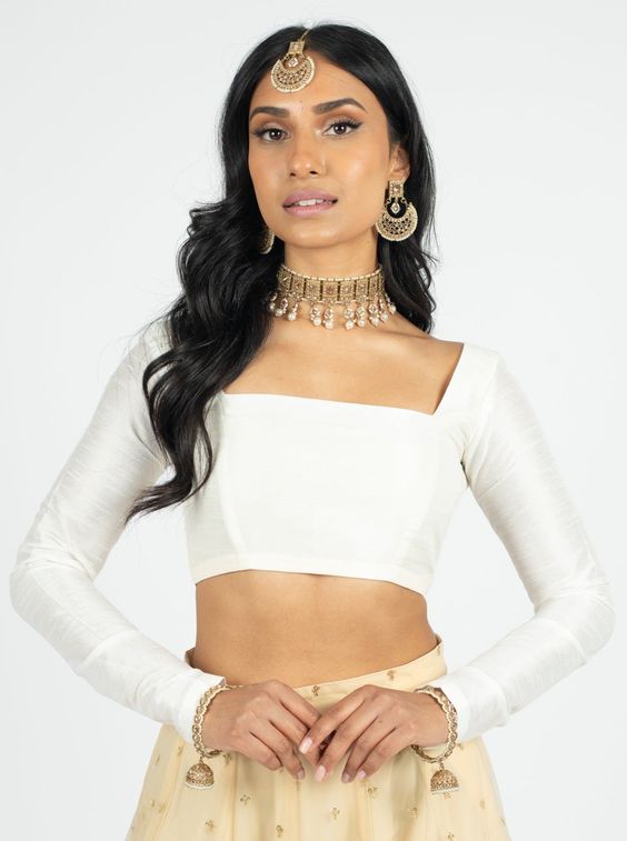 plain white full sleeves square neck blouse design