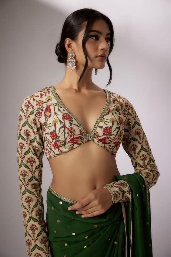 plunging v neck full sleeve blouse design