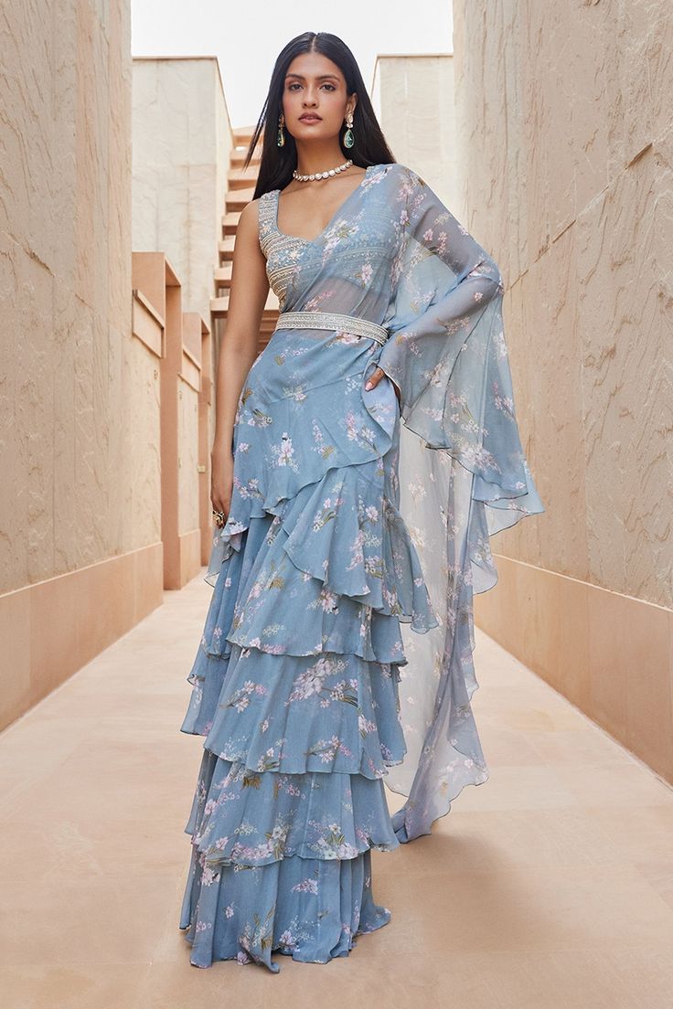blue ruffle saree design