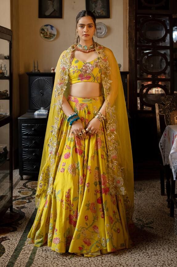 floral printed silk lehenga design