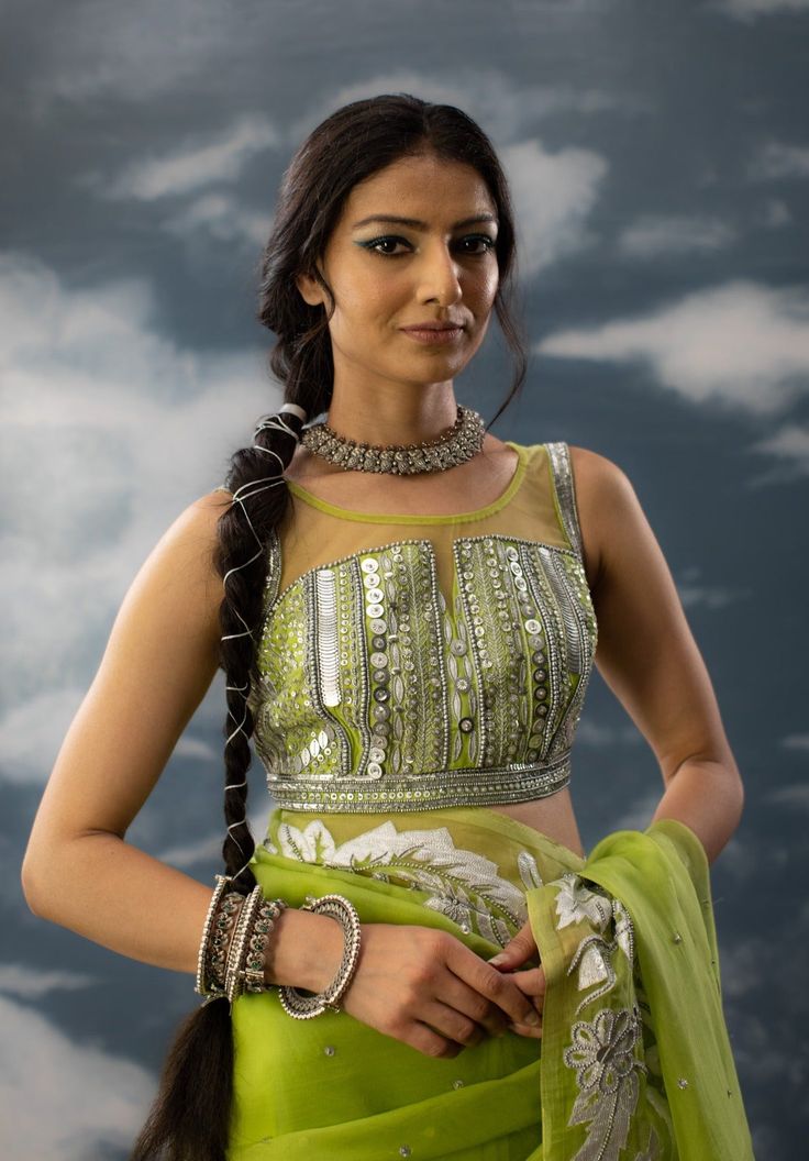 green embroidered sheer neck blouse design