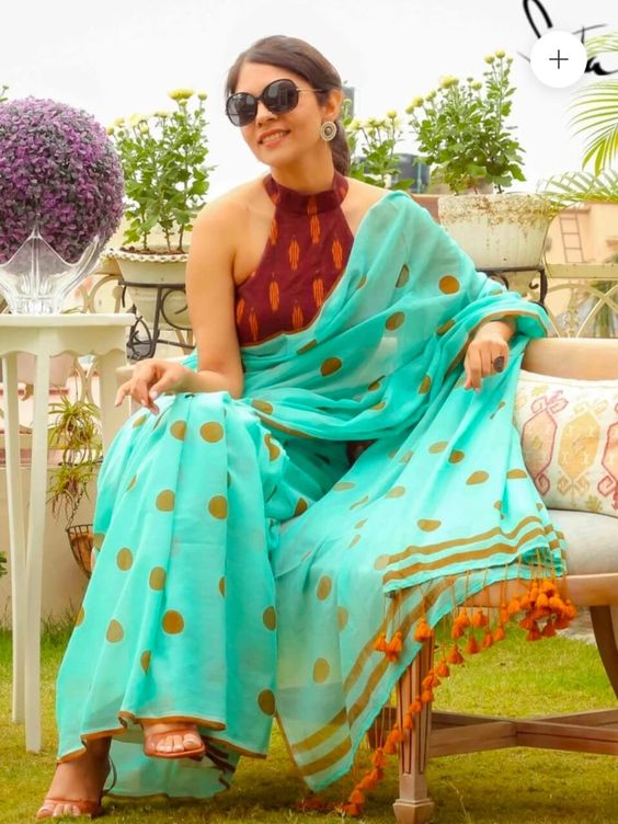 halter neck cotton saree contrast blouse design