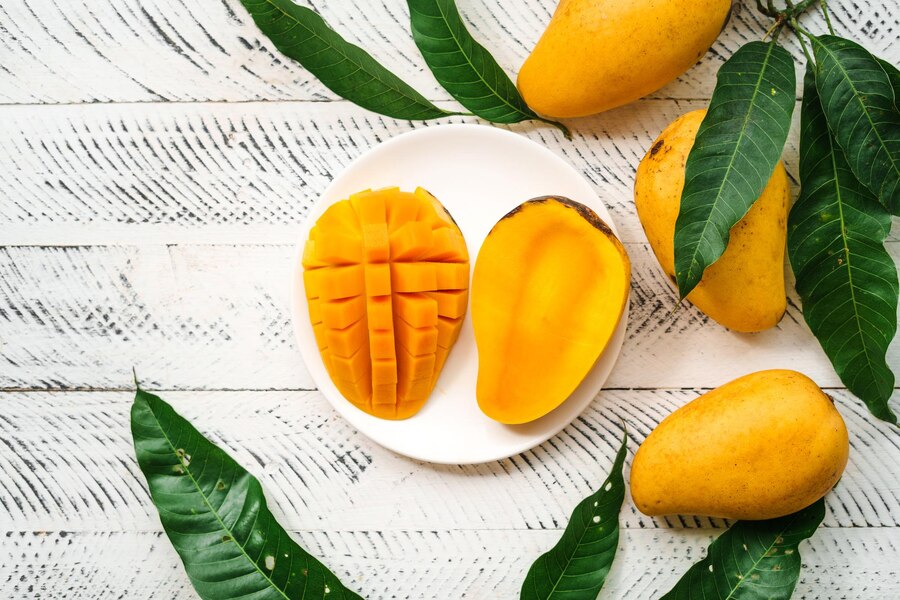 mango fruitfresh yellow mango white wood