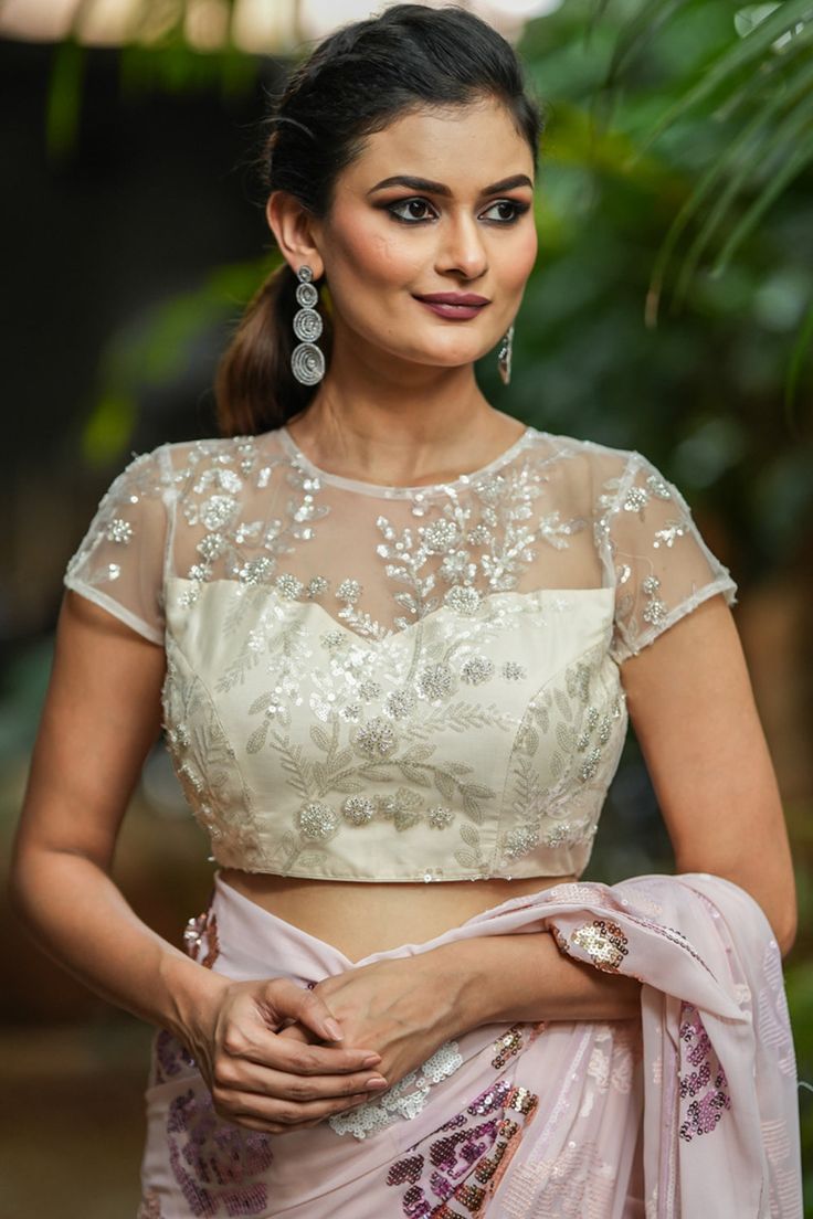 silver embroidered sheer neck blouse design