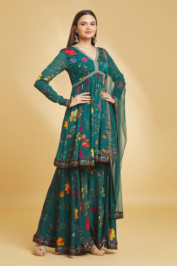 teal floral printed sharara suit