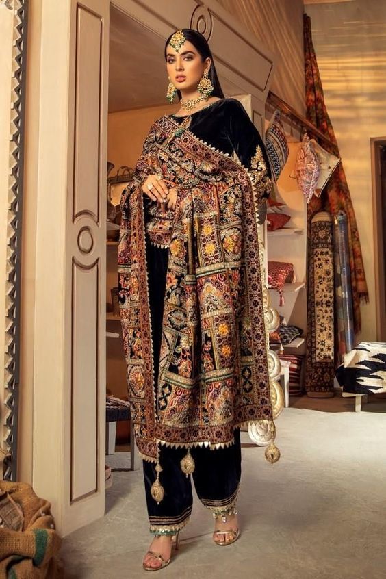velvet plain suit heavy embroidered dupatta