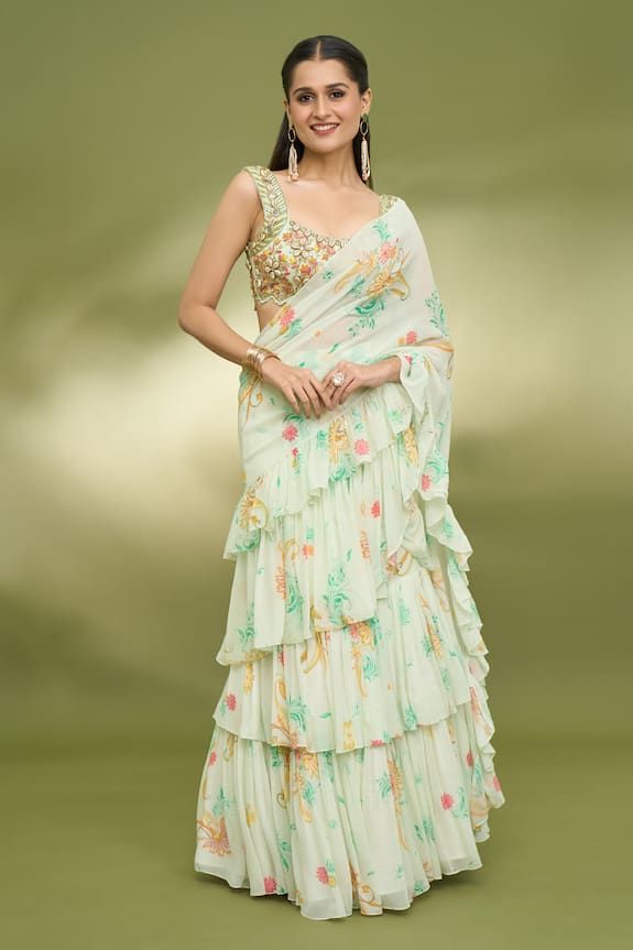 white printed floral ruffle saree design