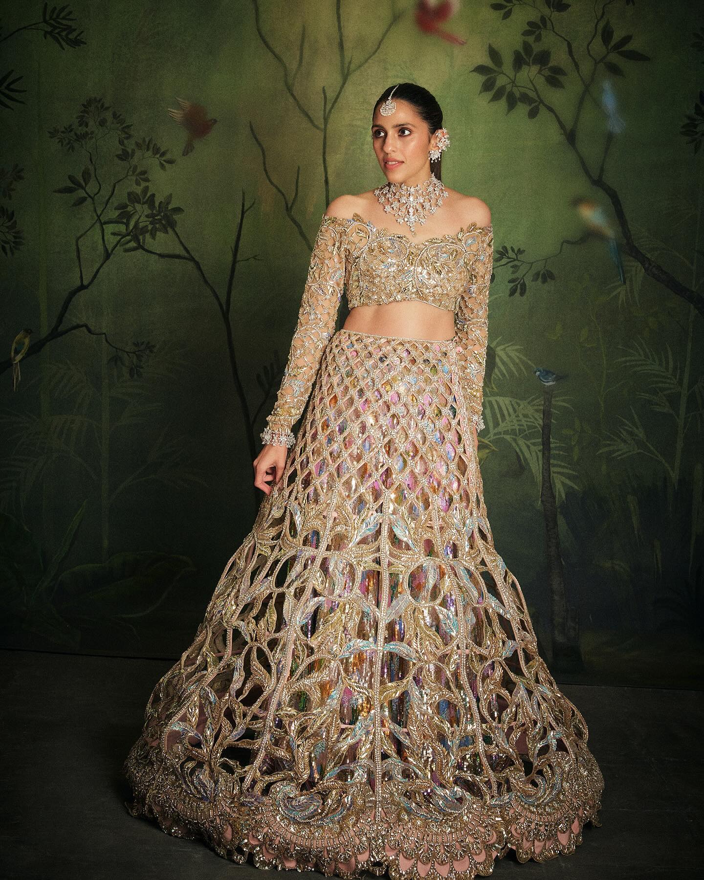 cut work golden lehenga