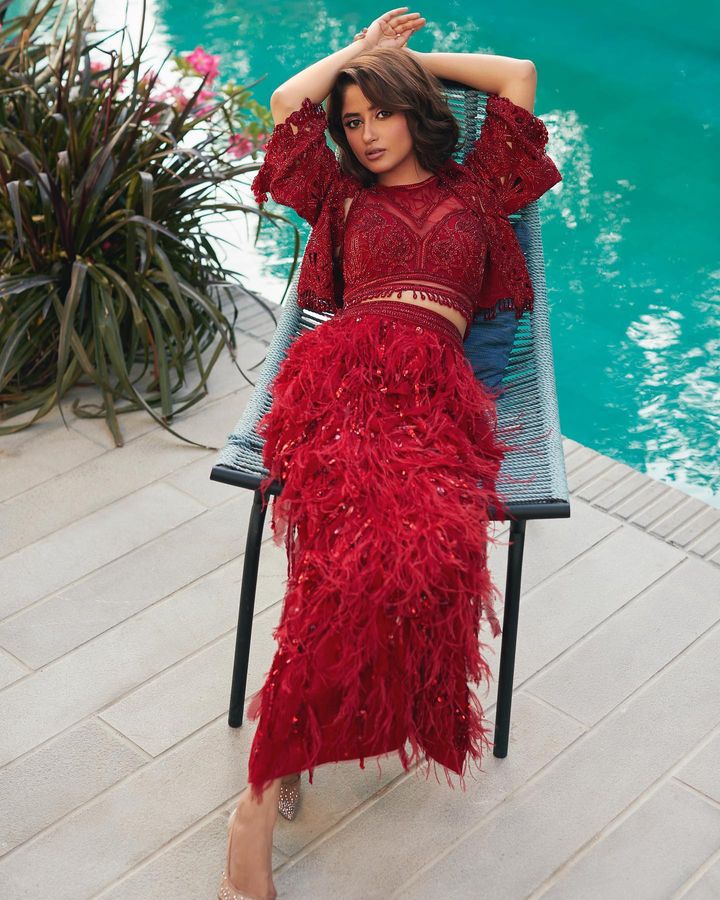 Sajal Ali In Red Three Piece Skirt Set