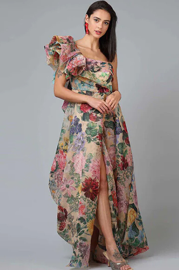 Single Shoulder Floral Print Dress