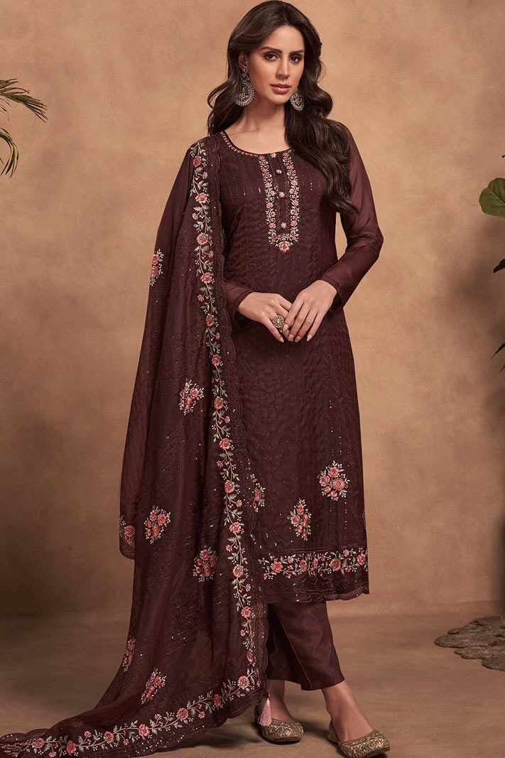 Brown Colour Straight Kurti Set Designs