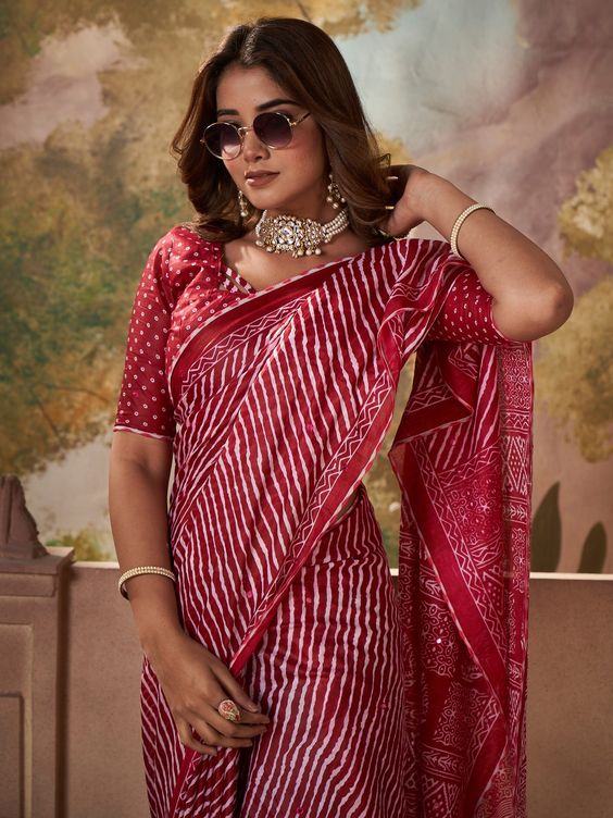 Cotton Red Leheriya Saree Design