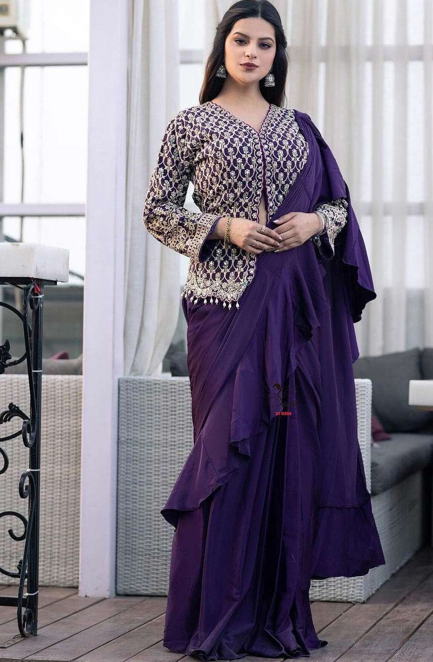 Embroidery Work Saree With Full Koti