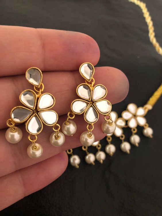 Pearl Embellished Small Kundan Earrings Design