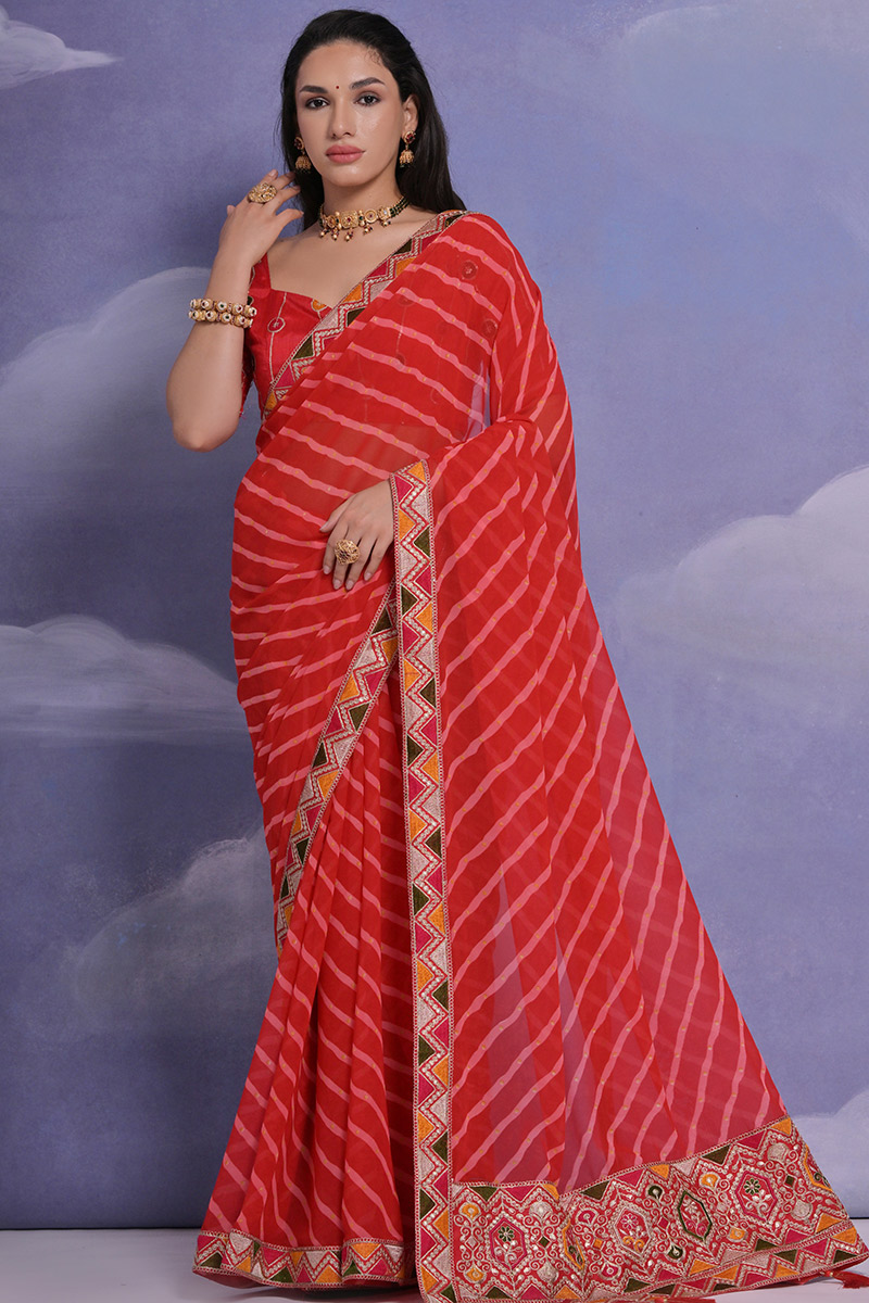 Red Printed Leheriya Saree Design