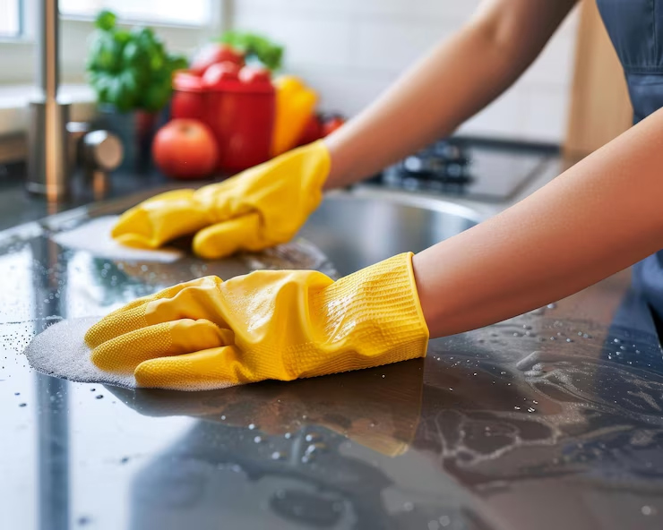kitchen slab clean with shampoo