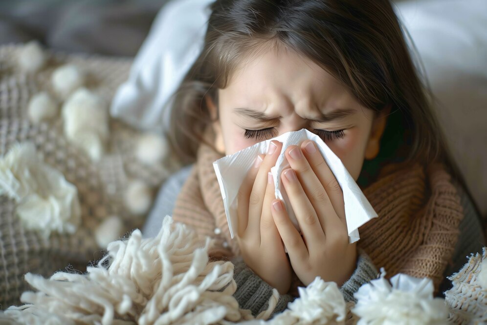 sick kid blowing their snot into tissue