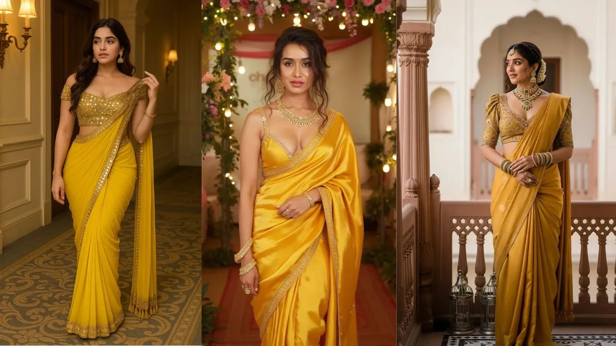 हल्दी के फंक्शन के लिए डिजाइनर पीली साड़ी