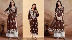 यहां देखिए महिलाओं के लिए भूरे रंग में आने वाला चिकनकारी कुर्ता