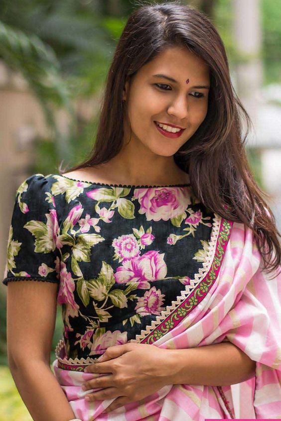 Floral Printed Cotton Boat Neck Blouse Design