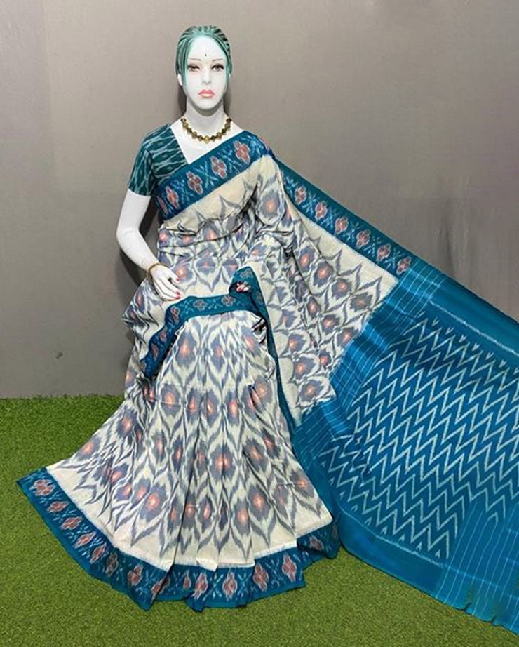 Blue And White Sambalpuri Cotton Saree Design