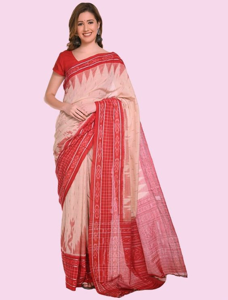 Red And White Sambalpuri Cotton Saree Design