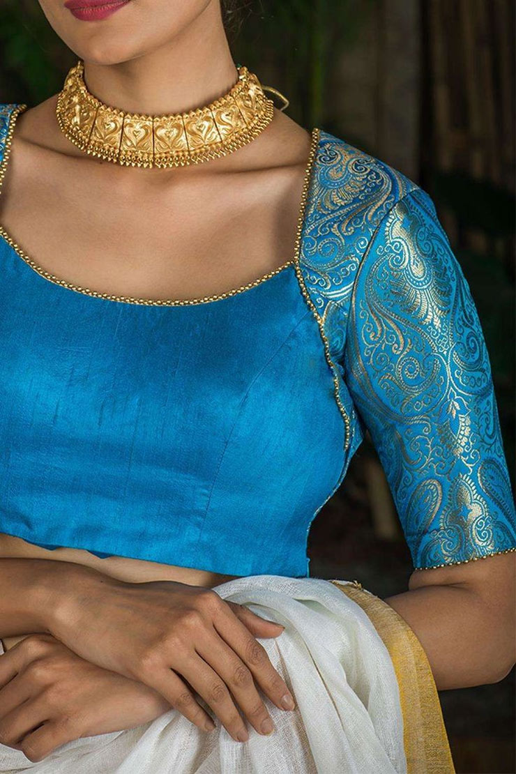 Sky Blue Brocade Armband Blouse Design