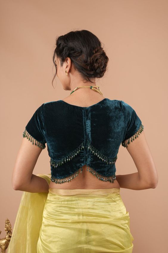 Beaded Velvet Saree Contrast Blouse Design