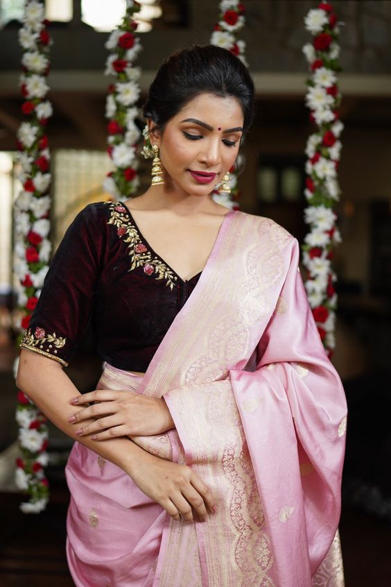 Maroon Velvet Contrast Blouse Design