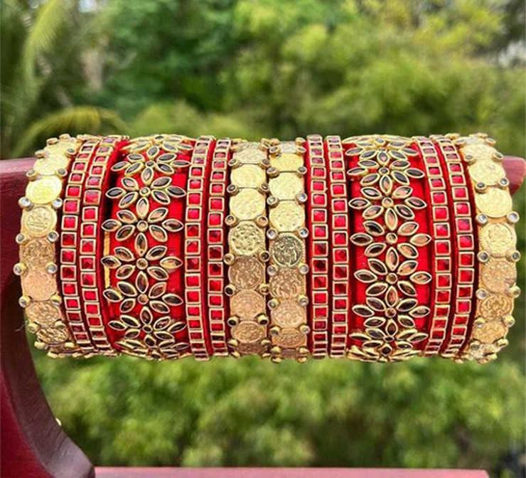 Red Golden Silk Thread Bangle Design