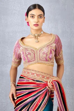 Silk Velvet Saree Contrast Blouse Design