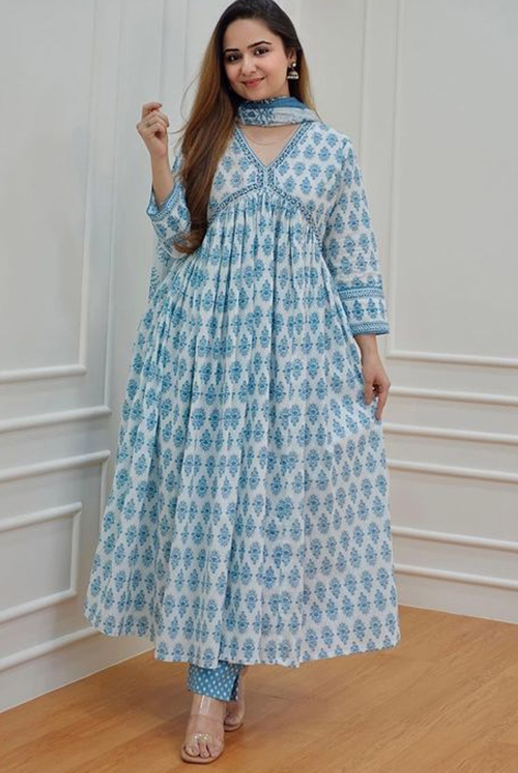 Teal Green Printed Full Sleeves Alia Cut Cotton Top