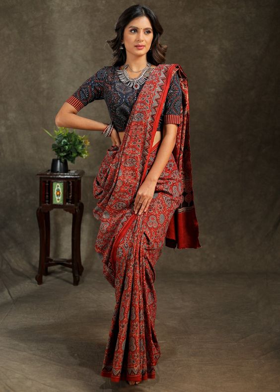 Arjakh Printed Red Cotton Saree Design