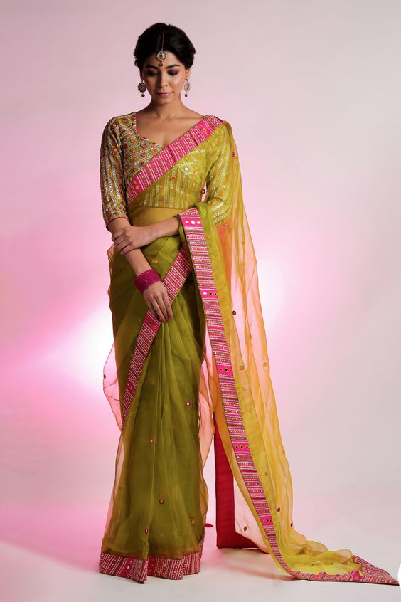 Organza Plain Saree Contrast Blouse