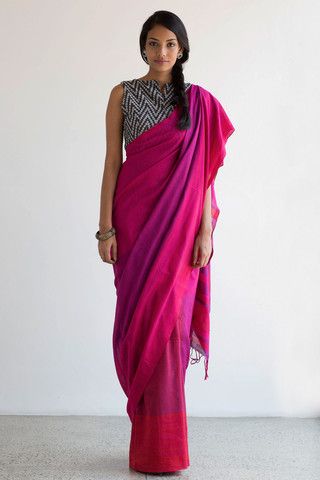 Purple-Pink Plain Saree Contrast Blouse