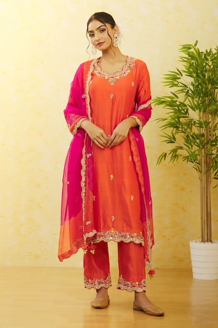 Orange Silk Hand Embroidery Kurta Set