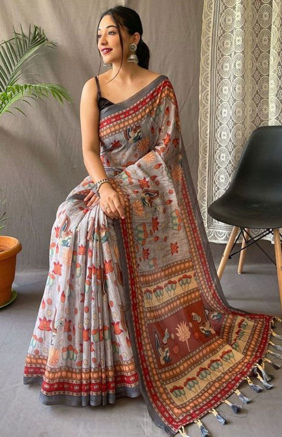 Ash-Grey Kalamkari Print Cotton Saree