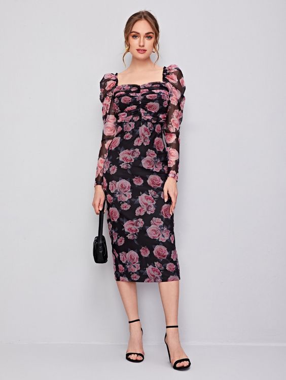 Floral Printed Full Sleeve Bodycon Dress