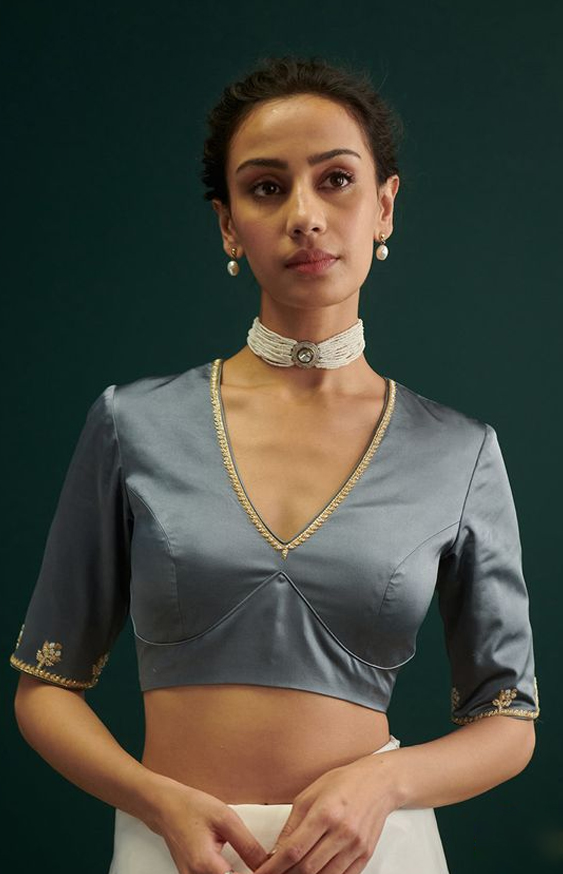 Grey V-Neck Blouse Design