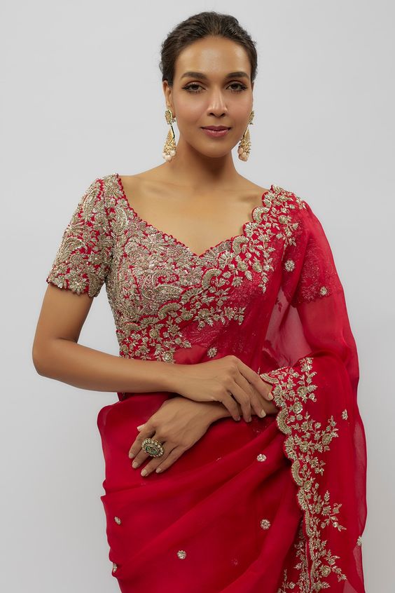 Silver Hand Embroidered Silk Red Saree Design