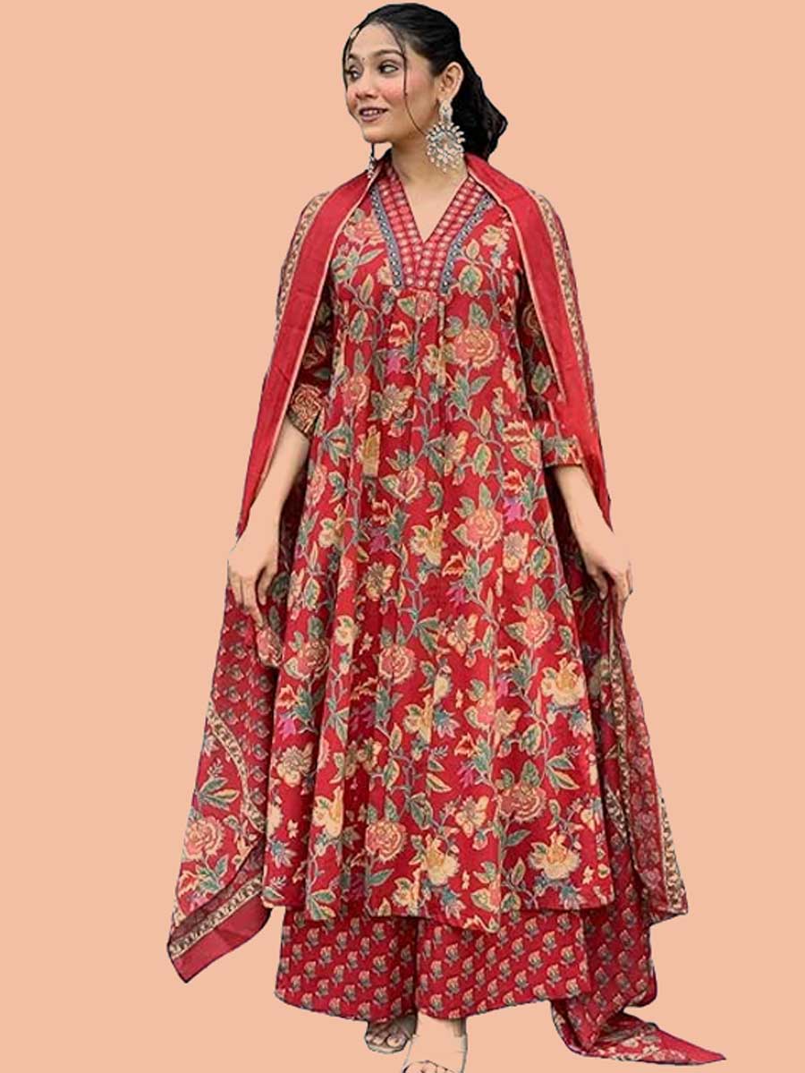 Red Anarkali Printed Suit Design