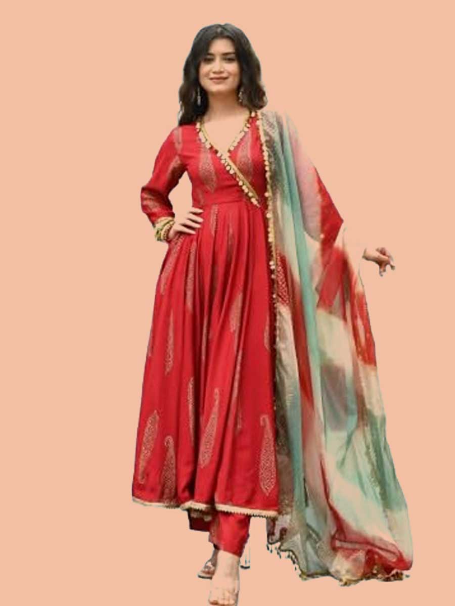 Red Floral Printed Suit Design