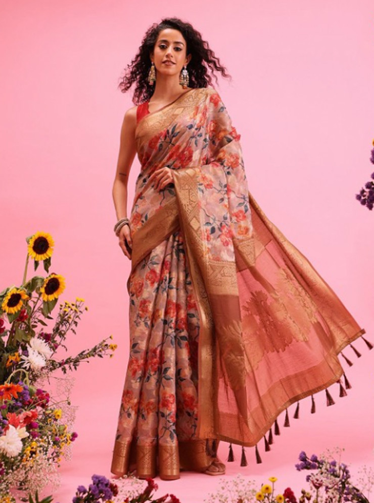 Floral Printed Banarasi Cotton Silk Saree Design